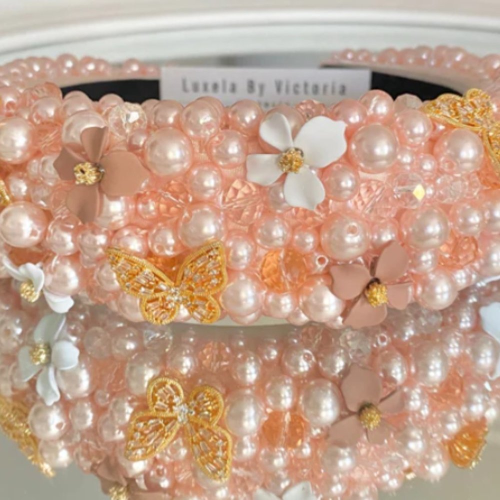 Pink Pearl with Gold Butterflies and Flowers Headband